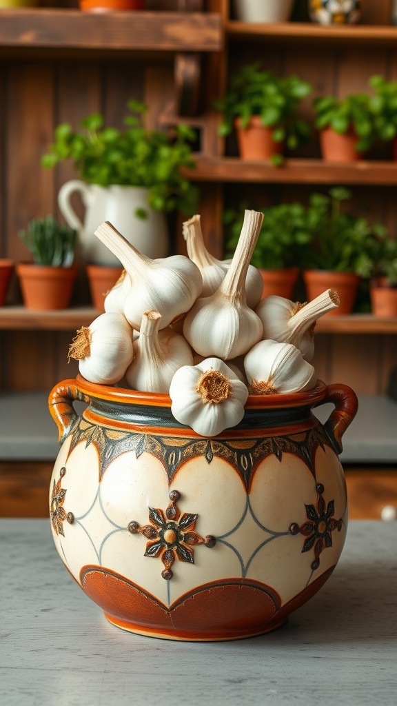 Handcrafted garlic jar pottery filled with garlic, on a kitchen countertop.